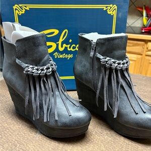 Sbicca Black Fringe Wedge Boots